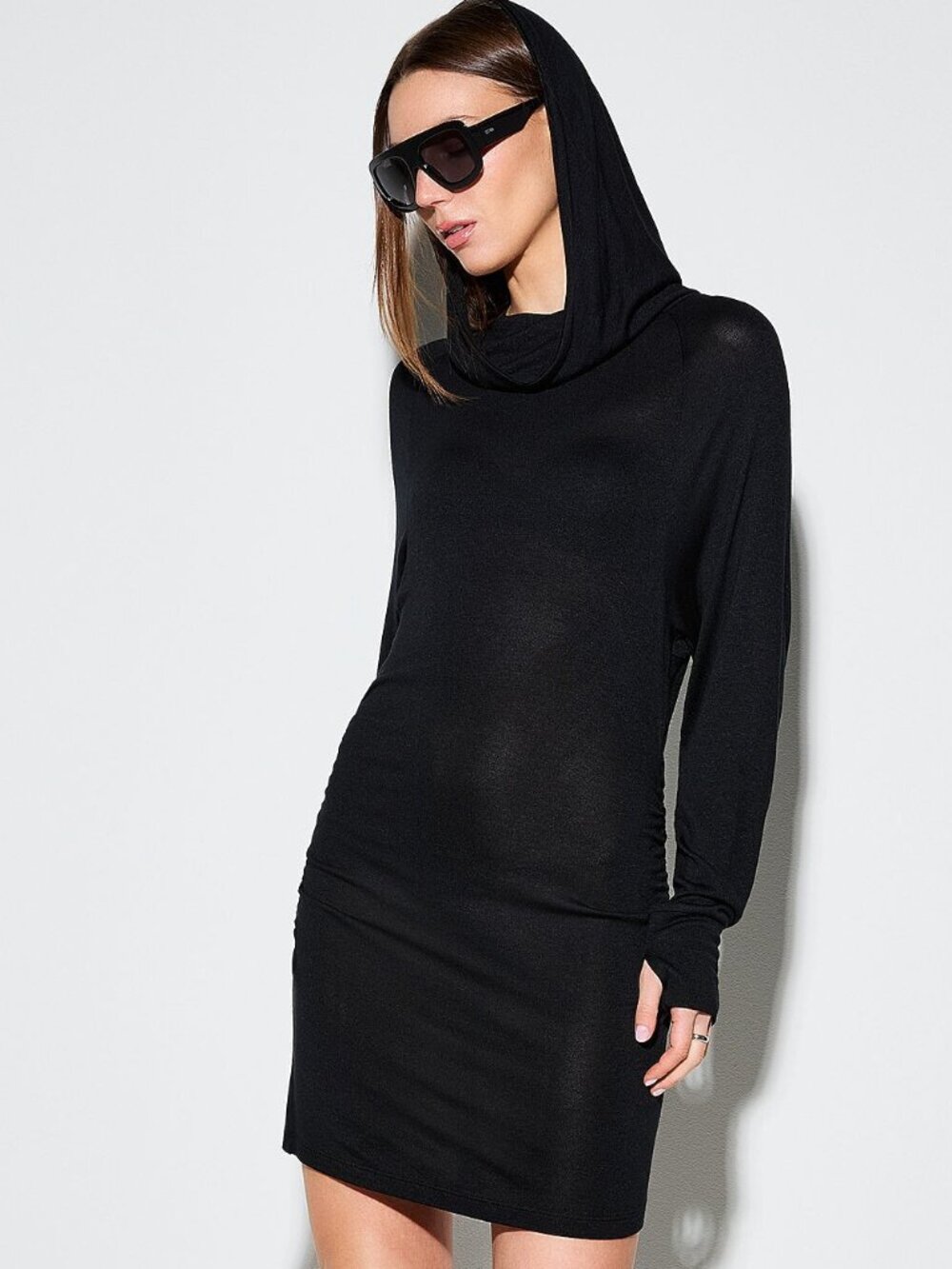 Bardot collar gathered waist minidress black